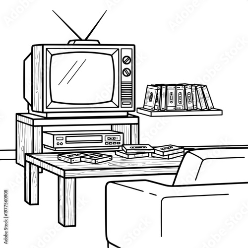 vintage television with static on wooden desk and books retro workspace concept