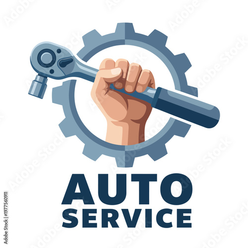 This vibrant illustration showcases a hand holding a ratchet tool, symbolizing the skill and craftsmanship involved in auto service and repair work.
