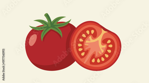 This vibrant image features a ripe tomato cut in half, revealing its juicy interior and seeds, symbolizing freshness, flavor, and healthy eating.
