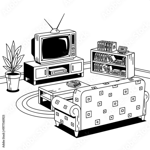 vintage living room with retro television and checkered sofa in line art