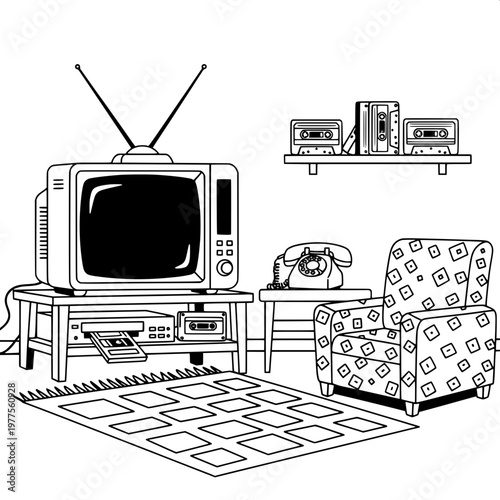 vintage living room with retro television and rotary phone illustration