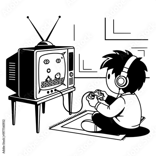 cartoon boy playing video game on retro tv with headphones and controller
