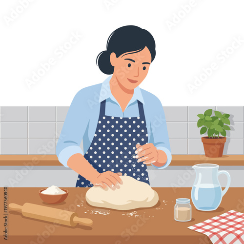 An illustration of a woman kneading dough in a cozy kitchen, highlighting the warmth of homemade baking and the joy of creating food from scratch.