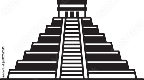 Black and white of a symmetrical stepped pyramid with a central staircase also transparent background