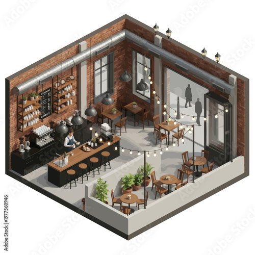 Isometric View of a Modern Industrial-Style Cafe and Bar Interior.