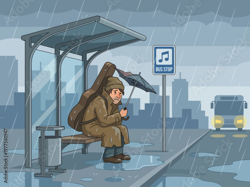 This poignant illustration captures a lonely figure waiting at a bus stop in the rain, evoking feelings of melancholy and solitude amidst a modern urban setting.
