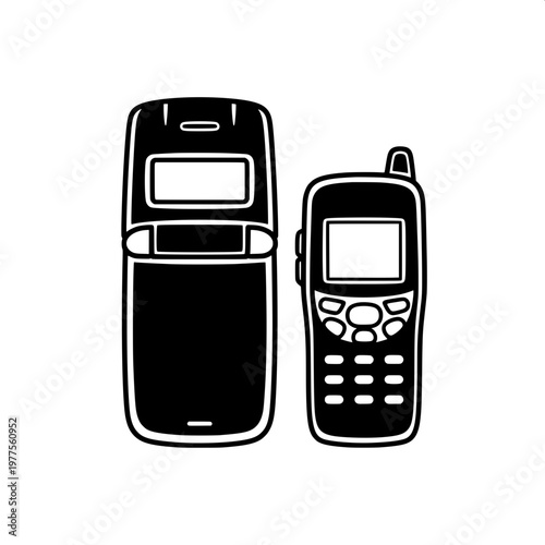 vintage mobile phones black and white illustration isolated on white