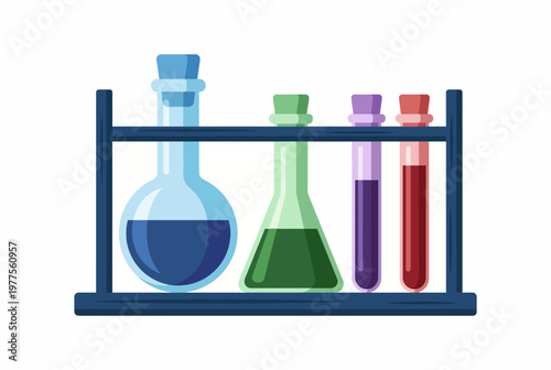 This illustration depicts a laboratory scene with a range of colorful test tubes, embodying the essence of science experiments and the exploration of chemistry and biology.