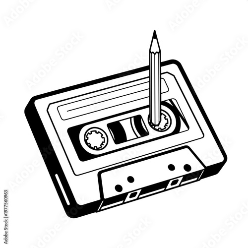3d cassette tape with pencil as rewind tool isolated on white background
