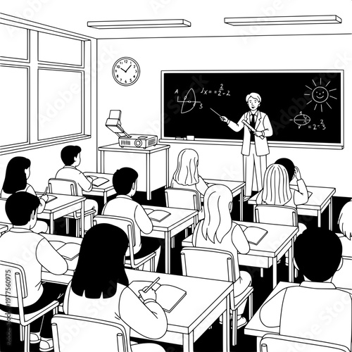 Teacher explaining math equations to elementary students in bright classroom