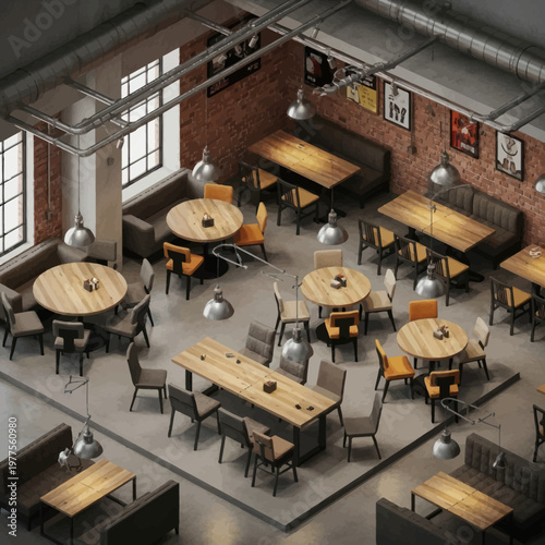 Modern Industrial Restaurant Interior with Wooden Tables and Chairs.
