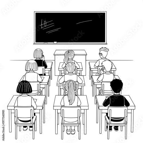 elementary school children learning in classroom with teacher on chalkboard illustration