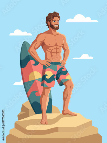 A vibrant illustration of a muscular surfer standing proudly on a rock with his surfboard, capturing the essence of a beach lifestyle and the thrill of ocean sports and nature.
