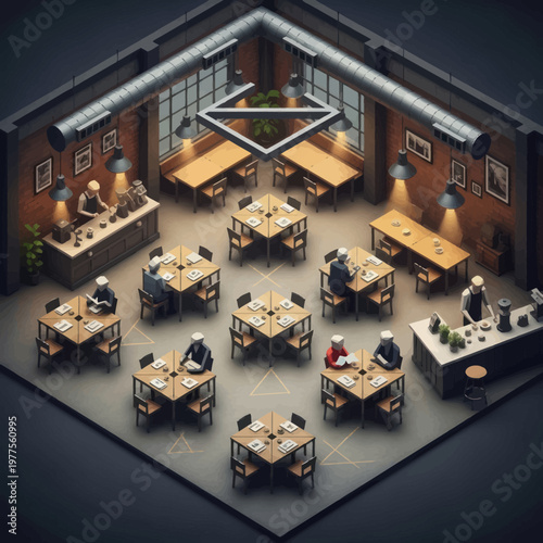 Isometric view of a bustling restaurant interior with patrons dining.