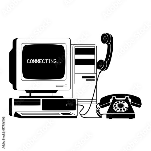 vintage technology setup with dial-up connection on crt monitor