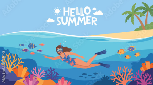 A lively underwater scene featuring a snorkeler exploring colorful coral reefs, evoking the thrill of adventure and the beauty of marine life.