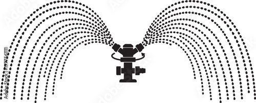 Black and white stylized fire hydrant with water spraying in arcs on both sides also transparent background