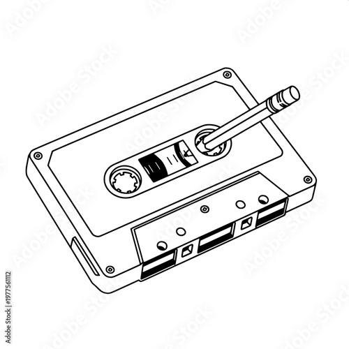3D isometric cassette tape icon with play button for retro music technology concept