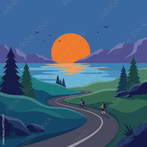 A picturesque landscape featuring a winding trail, sunset over the water, and silhouettes of bikers, capturing the essence of outdoor adventure and tranquility.