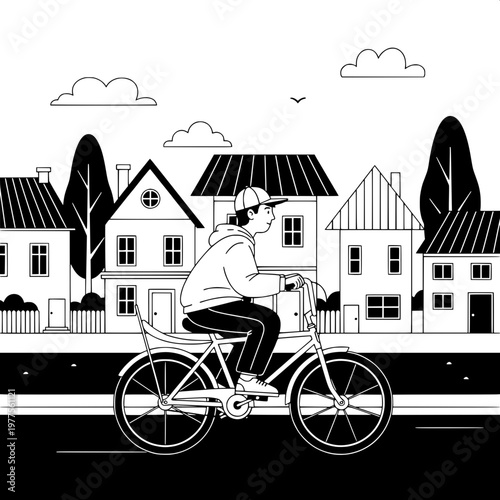 Woman cycling past eco-friendly houses with solar panels in sunny neighborhood