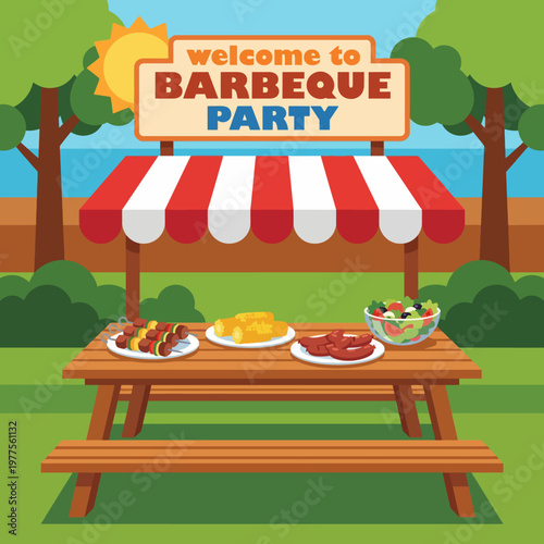 This cheerful illustration showcases a barbecue party scene, featuring grilled meat, corn, and salads, creating a lively and inviting outdoor atmosphere.