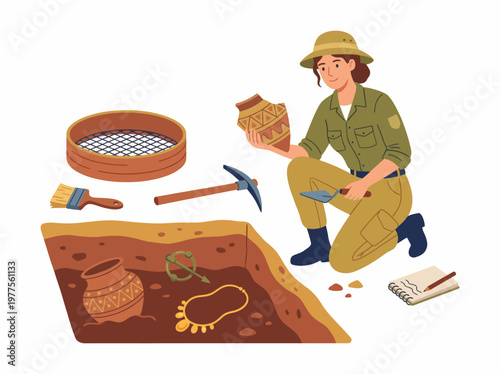 An engaging illustration of an archaeologist excavating ancient pottery and artifacts, representing the thrill of discovery and the connection to history.