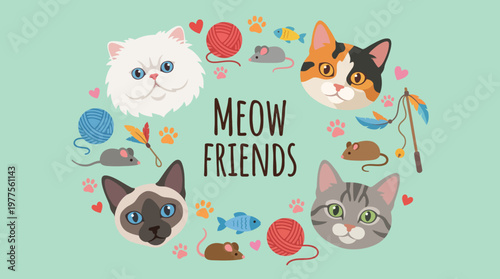 This playful illustration celebrates the charm of cats, featuring various adorable cat faces surrounded by hearts, emphasizing the joy of pet companionship and love.