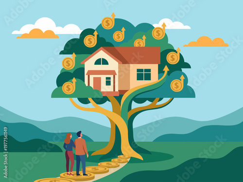 A whimsical illustration showing a house atop a stylized tree with dollar signs, symbolizing financial growth and the relationship between home ownership and wealth accumulation.