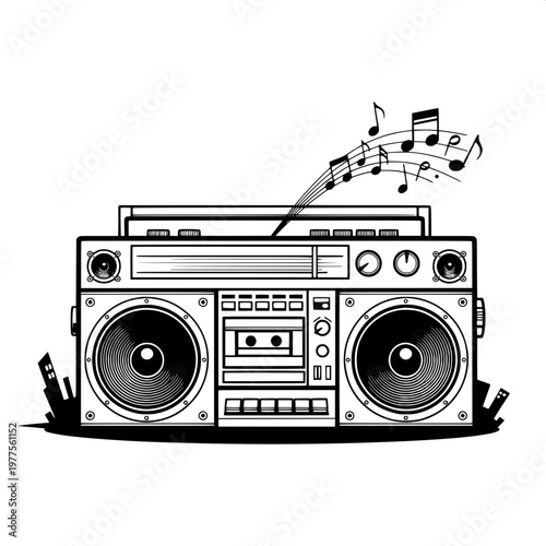 vintage boombox with musical notes flying isolated on white background