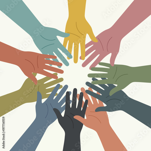 A vibrant illustration of diverse hands coming together in a circular formation, representing unity, collaboration, support, and the strength of community and teamwork.