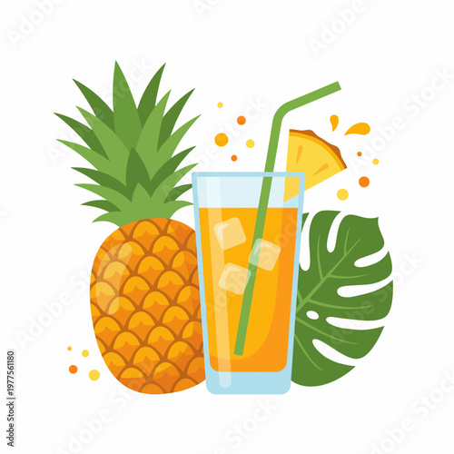 A vibrant illustration of a refreshing tropical drink surrounded by pineapple and tropical foliage, evoking a sense of summer relaxation, freshness, and the joys of vacation.