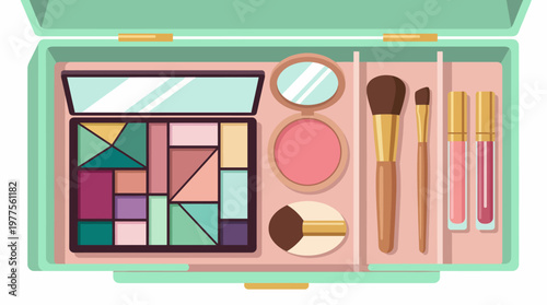 A stylish makeup palette is elegantly displayed alongside essential brushes and tools, perfect for beauty enthusiasts seeking vibrant colors and high-quality cosmetics.