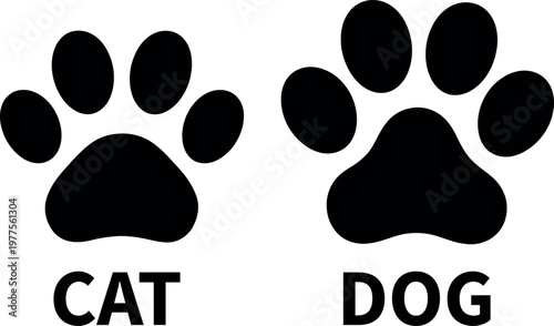 Photos Contrasting paw prints of a cat and a dog with their respective labels