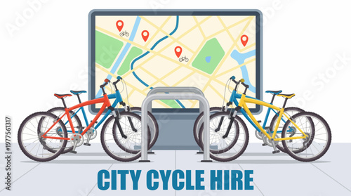 This vibrant image displays a city cycle hire station with colorful bicycles, illustrating urban mobility solutions, eco-friendliness, and convenience in transportation for city dwellers.