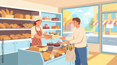 A warm bakery scene featuring a cheerful baker handing over freshly baked pastries to a customer, evoking a sense of community and enjoyment in everyday life.