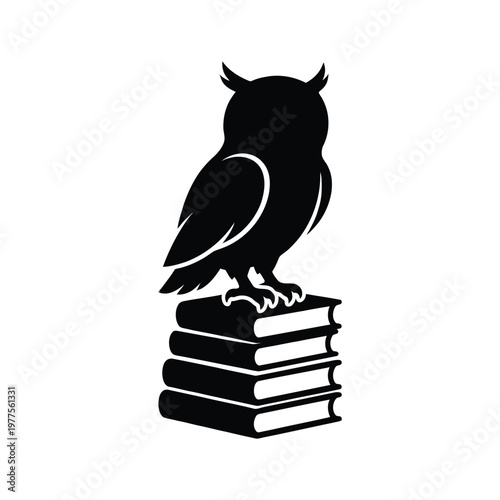 Black silhouette of an owl perched on a stack of four books, white background