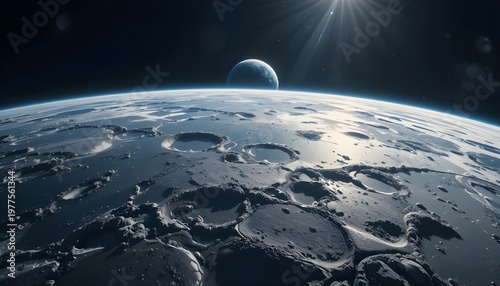 Ultra realistic Earth above moon surface, starry space, cinematic lighting, 8k