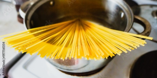 Spaghetti noodles being cooked in a stainless steel pot on a stove