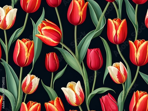 Vibrant red and white tulips bloom against a dark background, creating a classic floral pattern