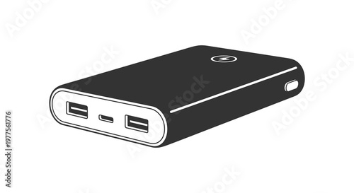 Black power bank device illustration with ports a modern technology silhouette