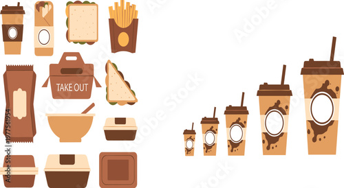 Fast food takeaway packaging vector icon set featuring coffee cups sandwich boxes french fries and lunch containers for restaurant branding cafe menu and delivery service design