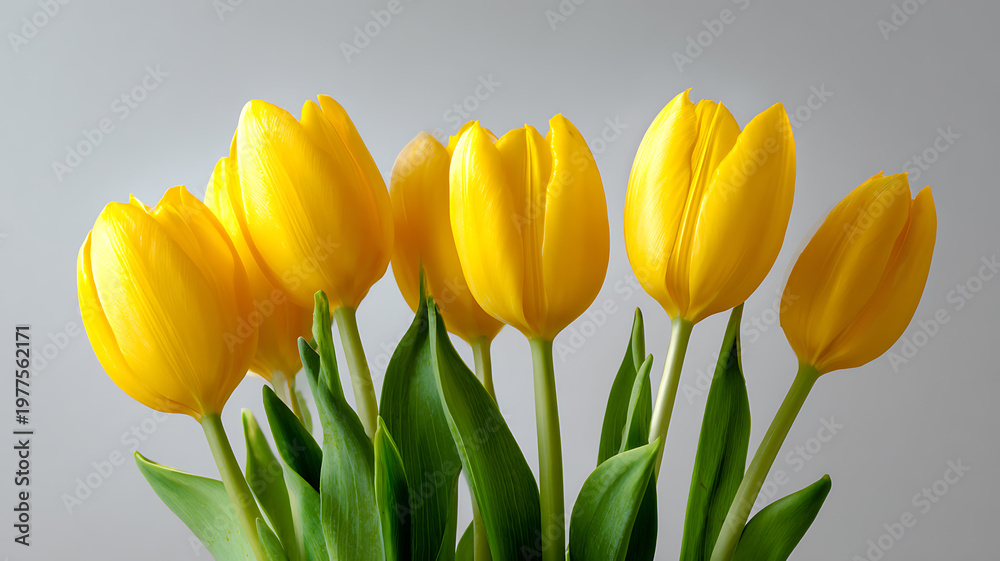 Obraz premium Vibrant bouquet of yellow tulips on gray background with green leaves