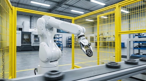 White industrial robotic arm with yellow safety frame in modern manufacturing facility