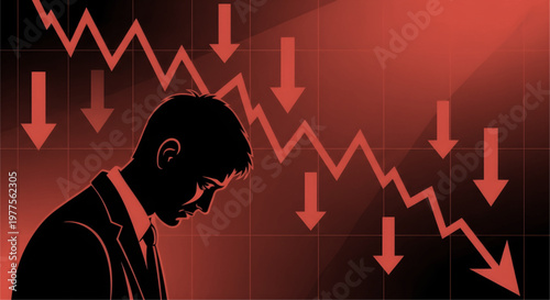Stock Market Crash Concept with Businessman Silhouette and Falling Red Arrows Background