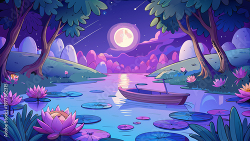 Whimsical moonlit boat ride, serene purple pond scene, fantasy landscape, dreamy night atmosphere