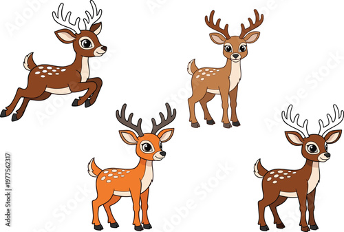 Cute Cartoon Deer Illustration Set Featuring Baby Fawn Characters with Antlers in Running and Standing Poses Adorable Wildlife Animal Vector Collection.