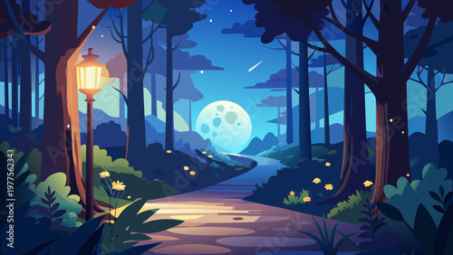 Moonlit forest path, nighttime scenery, cartoon landscape, illuminated trail