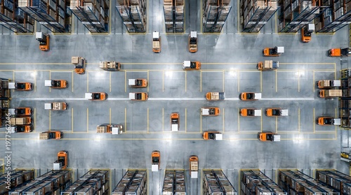 Aerial top view of autonomous robots arranged in grid pattern on warehouse floor
