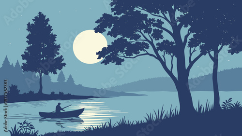 Moonlit lake scene, serene nighttime landscape, blue silhouette, peaceful water, kayaking vector