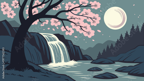 Serene landscape, moonlit waterfall, cherry blossom tree, vector illustration, nature scenery